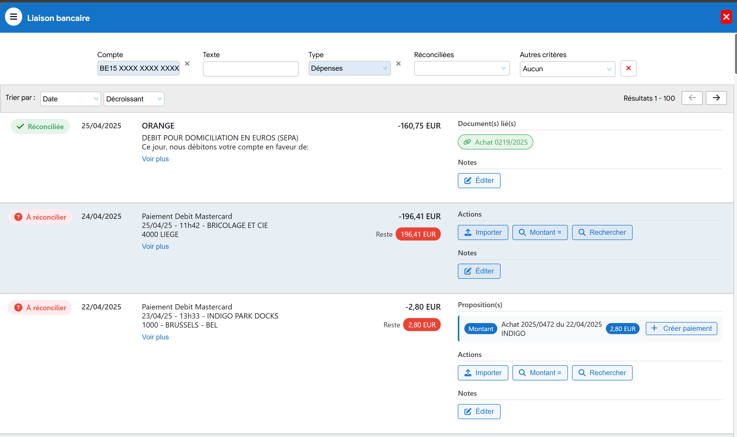 reconcilliation et rapprochement bancaires des factures et des tickets de caisse d'achat avec Flexina Facturation