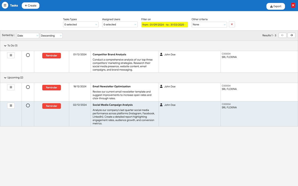 CRM interface with contact management and client interaction tracking