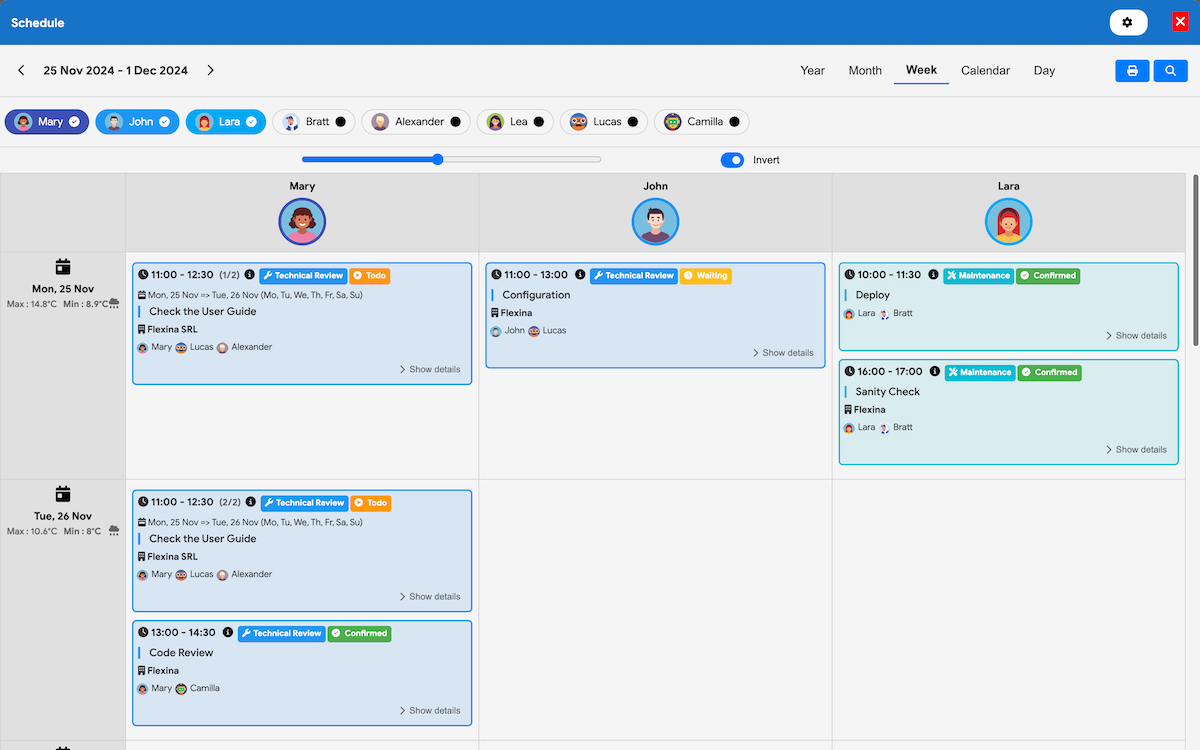 Planning view with availability management and real-time alerts