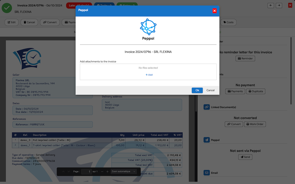 Interface for sending and receiving Peppol format electronic invoices