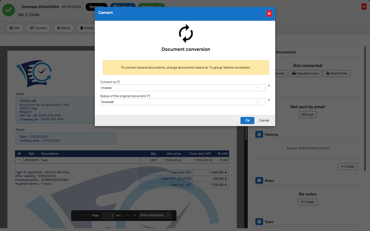 Automatic quote to invoice conversion in Flexina business management software