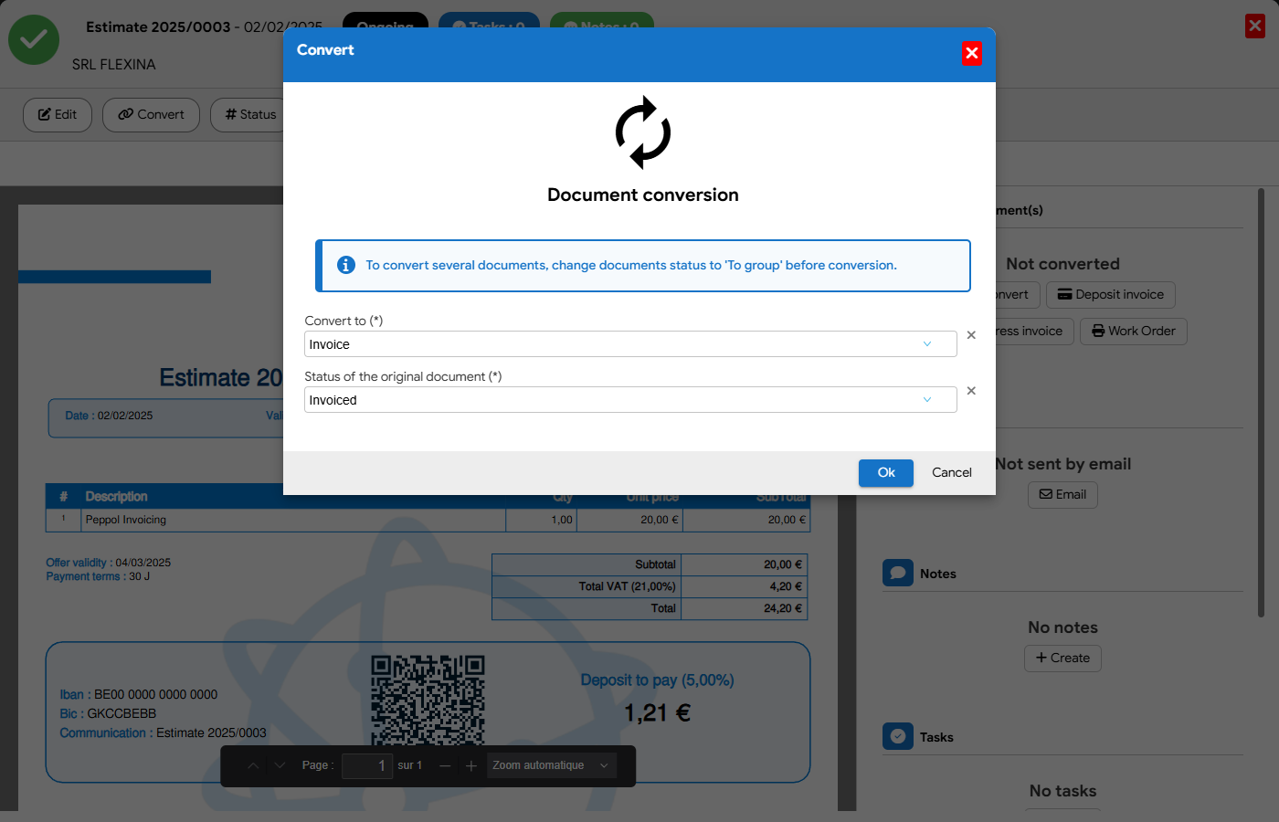 Automatic conversion of quotes into invoices in Flexina business management software