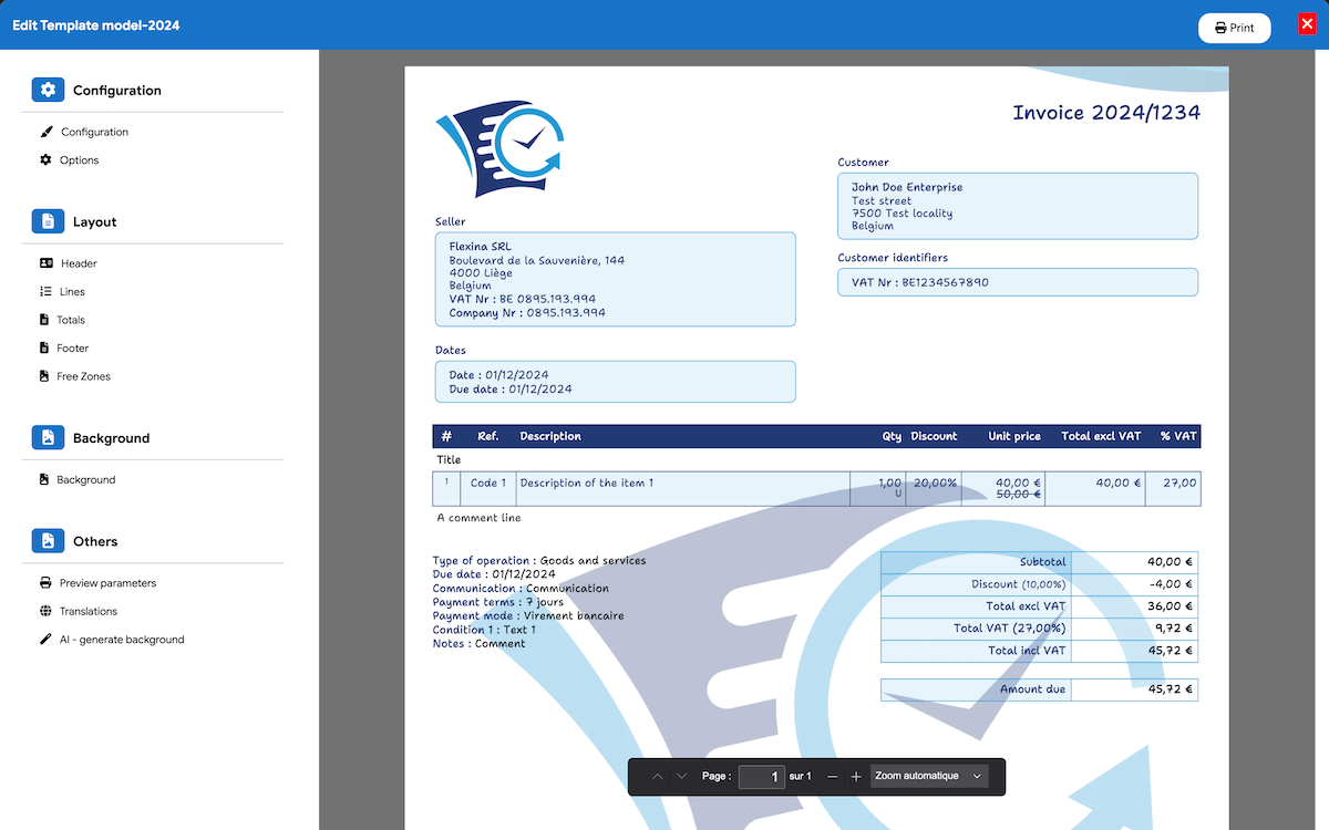 Flexina customizable quote and invoice template editor with real-time preview