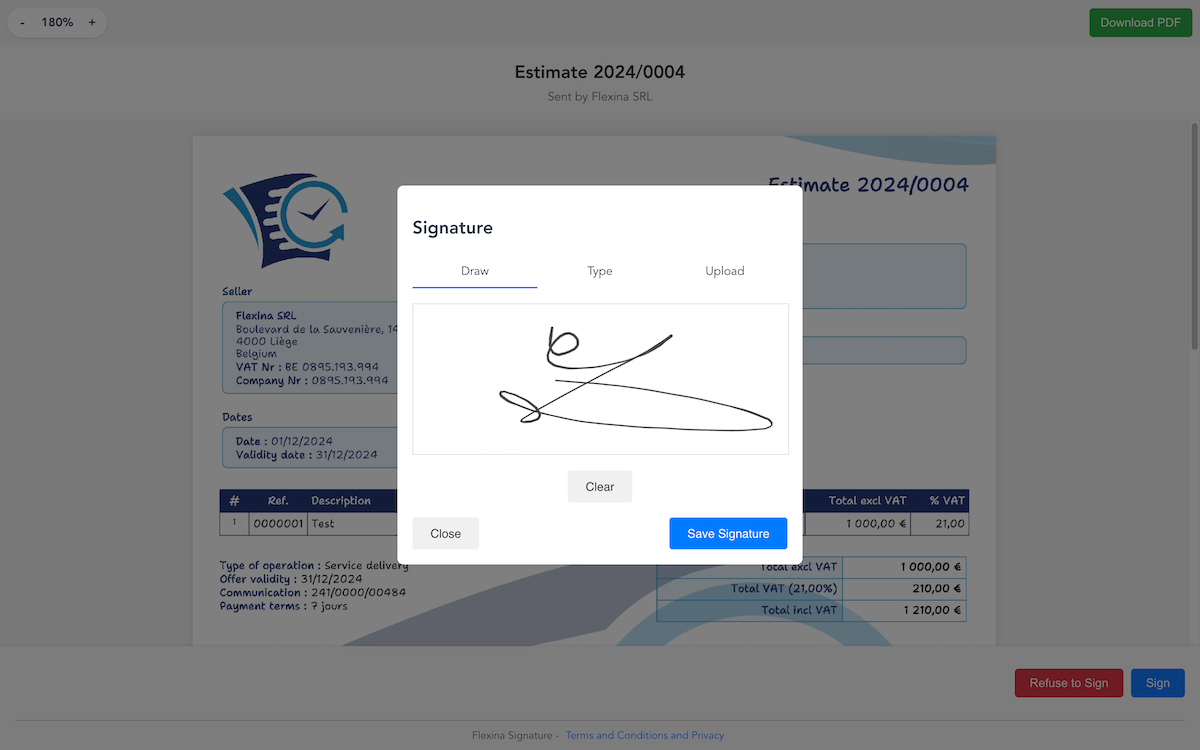 Flexina electronic signature module for quotes and purchase orders with real-time tracking