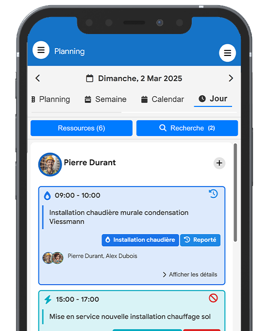 Interface de gestion du planning mobile