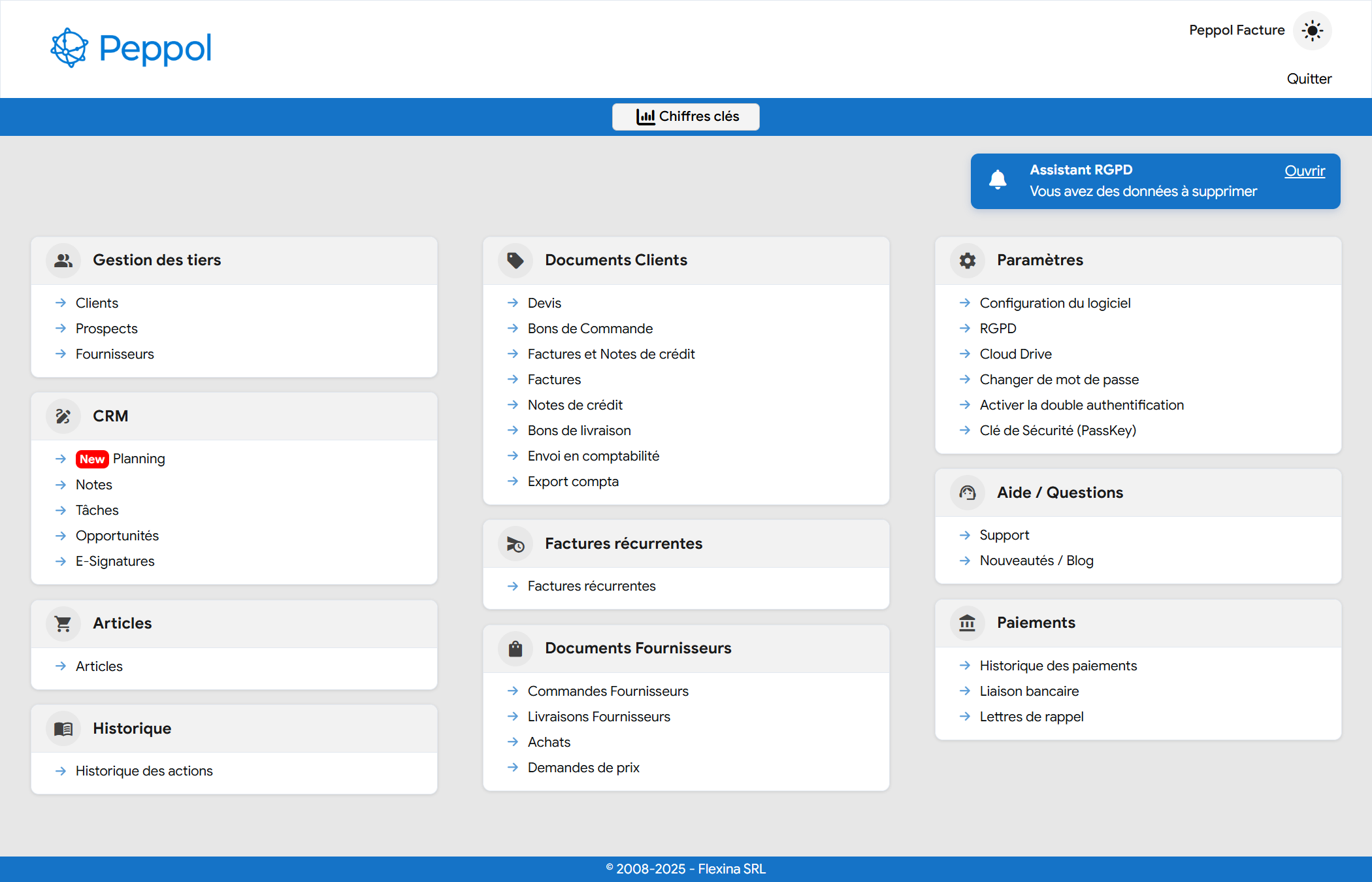 Interface du logiciel de facturation en ligne Flexina pour la Belgique