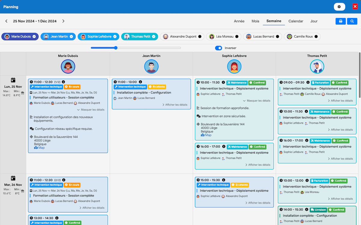 Vue calendrier du planning multi-ressources avec gestion des disponibilités et conflits