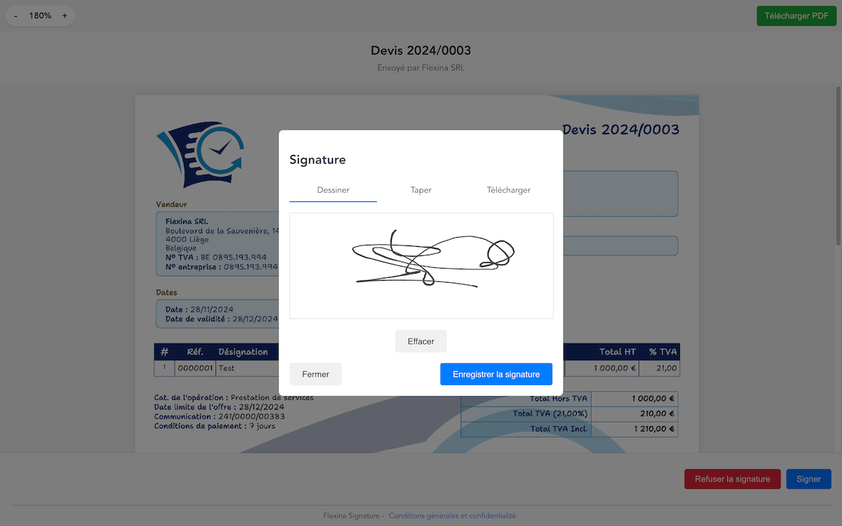 Interface de signature électronique montrant le processus de validation et le suivi des signatures