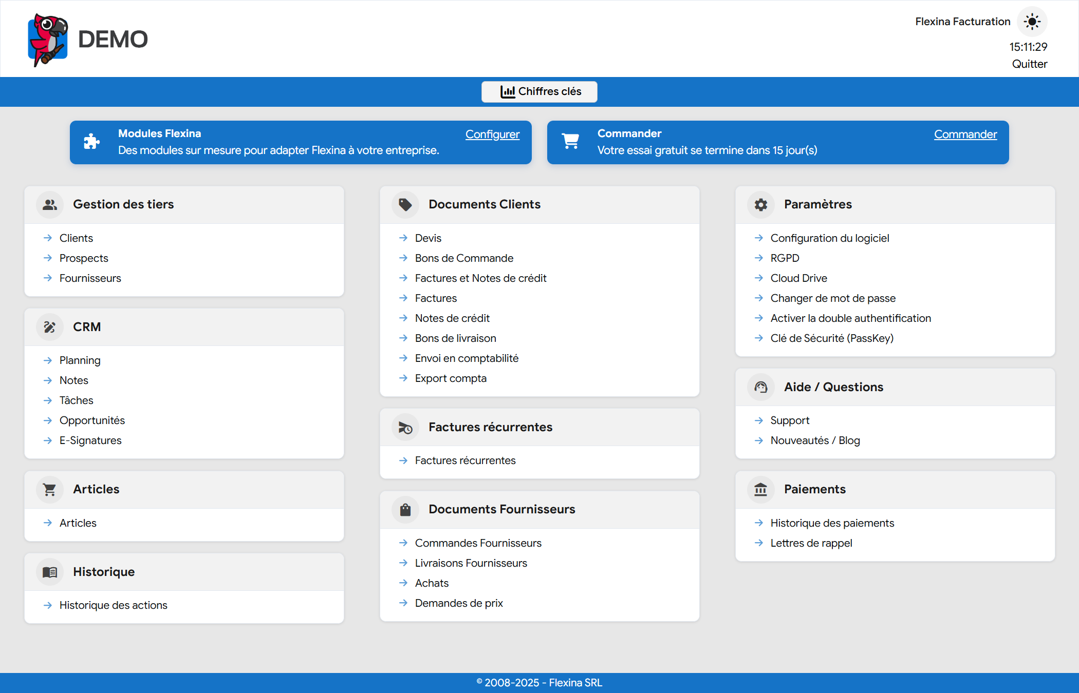 Interface du logiciel de facturation en ligne Flexina pour la Suisse