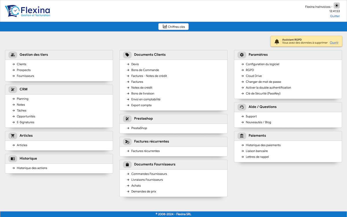 Interface principale du logiciel Flexina montrant le tableau de bord et les fonctionnalités conformes à la loi anti-fraude TVA