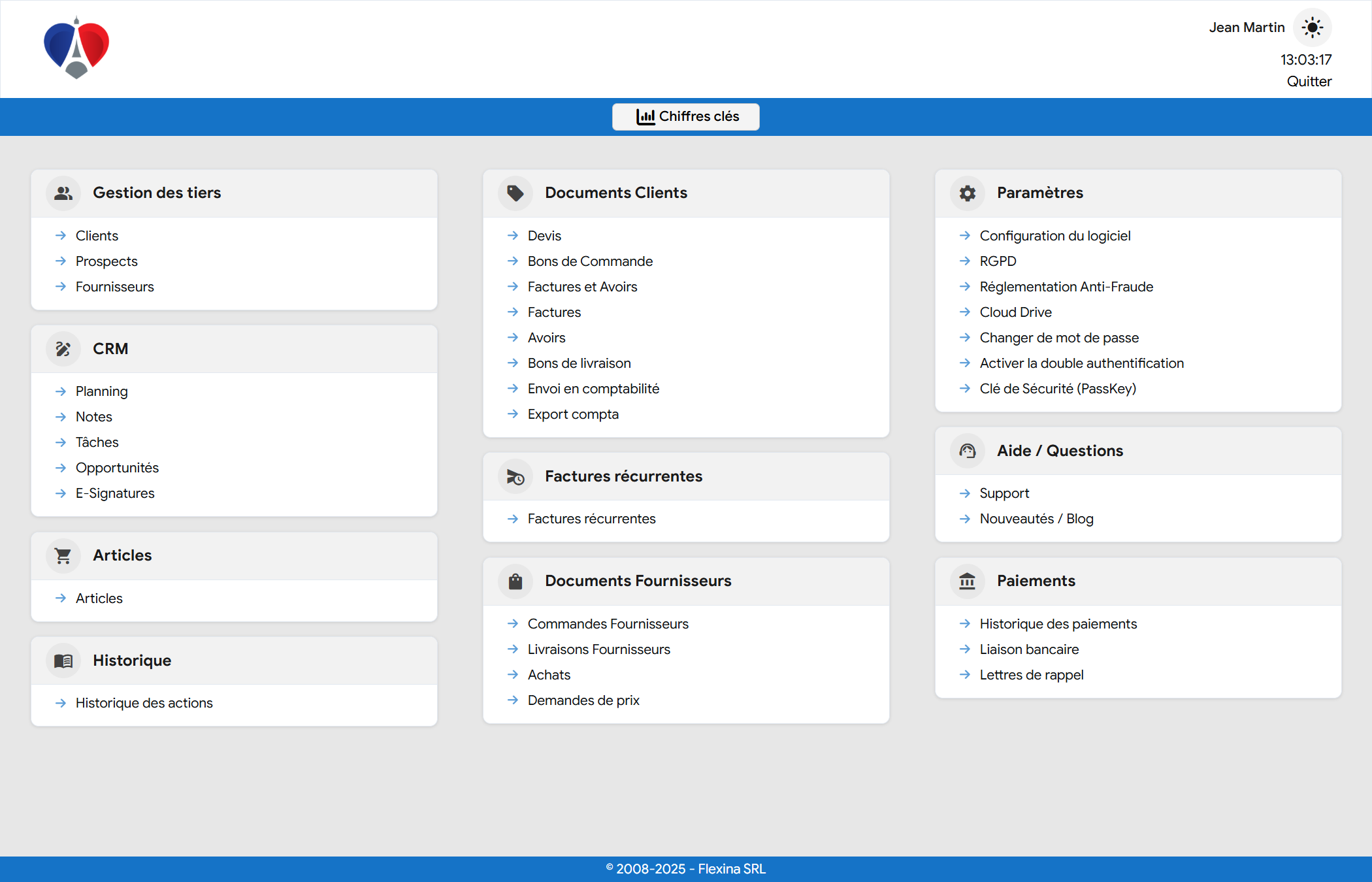 Interface du logiciel de facturation en ligne Flexina pour la France