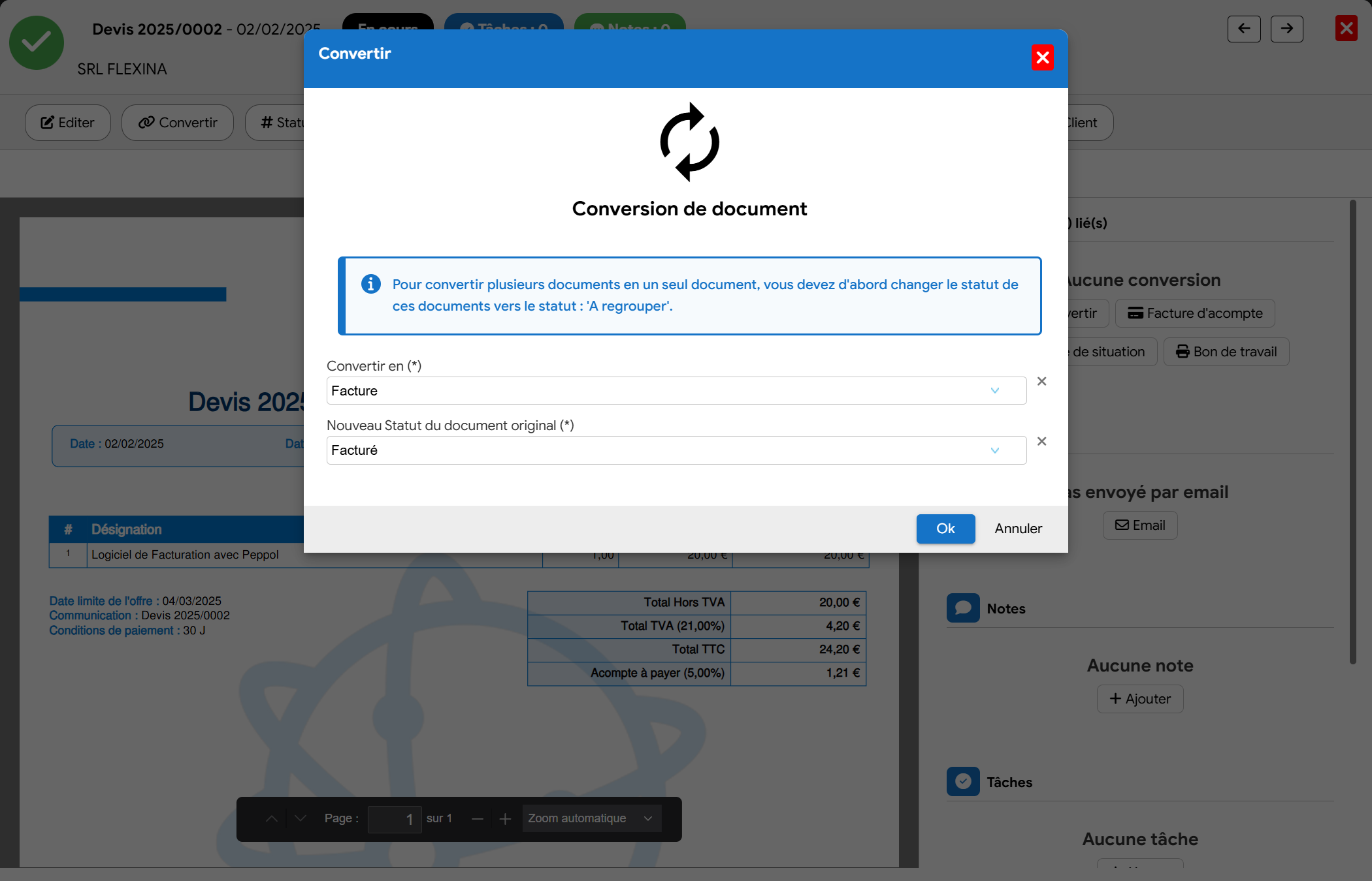 Conversion automatique de devis en facture dans le logiciel de gestion commerciale Flexina