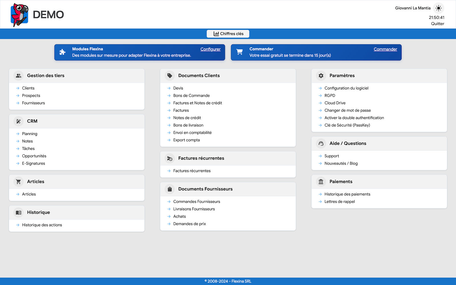 Interface principale du logiciel Flexina adaptée au marché luxembourgeois avec support multilingue