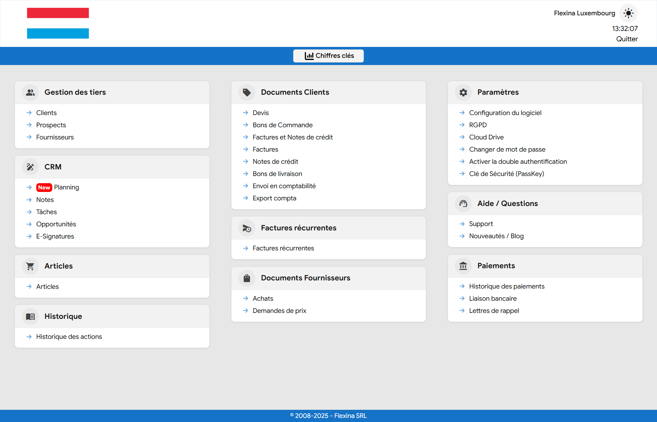 Interface du logiciel de facturation en ligne Flexina pour le Luxembourg