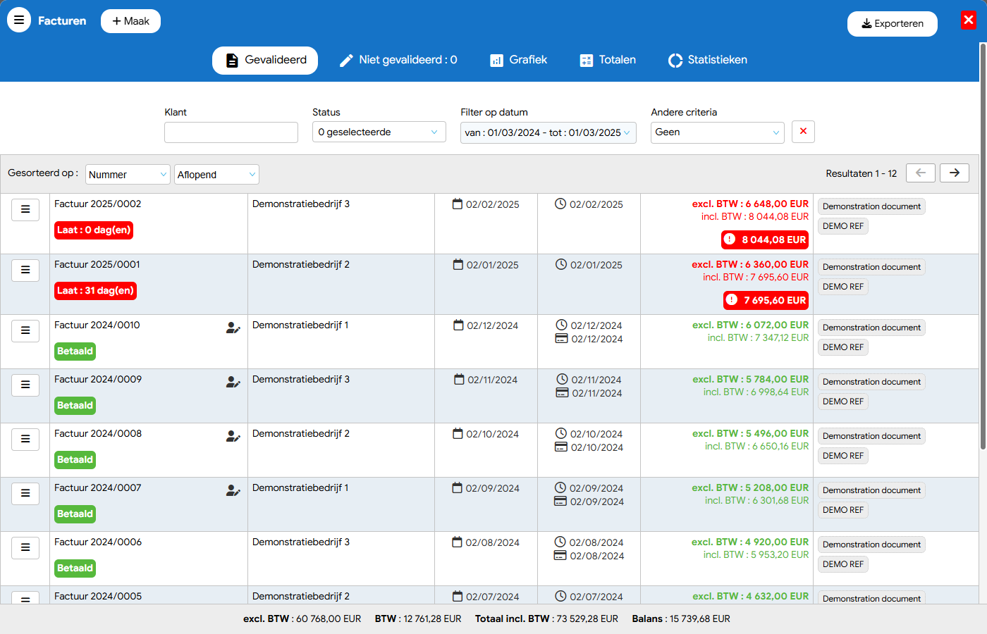 Dashboard voor openstaande facturen en klantopvolging in Flexina software