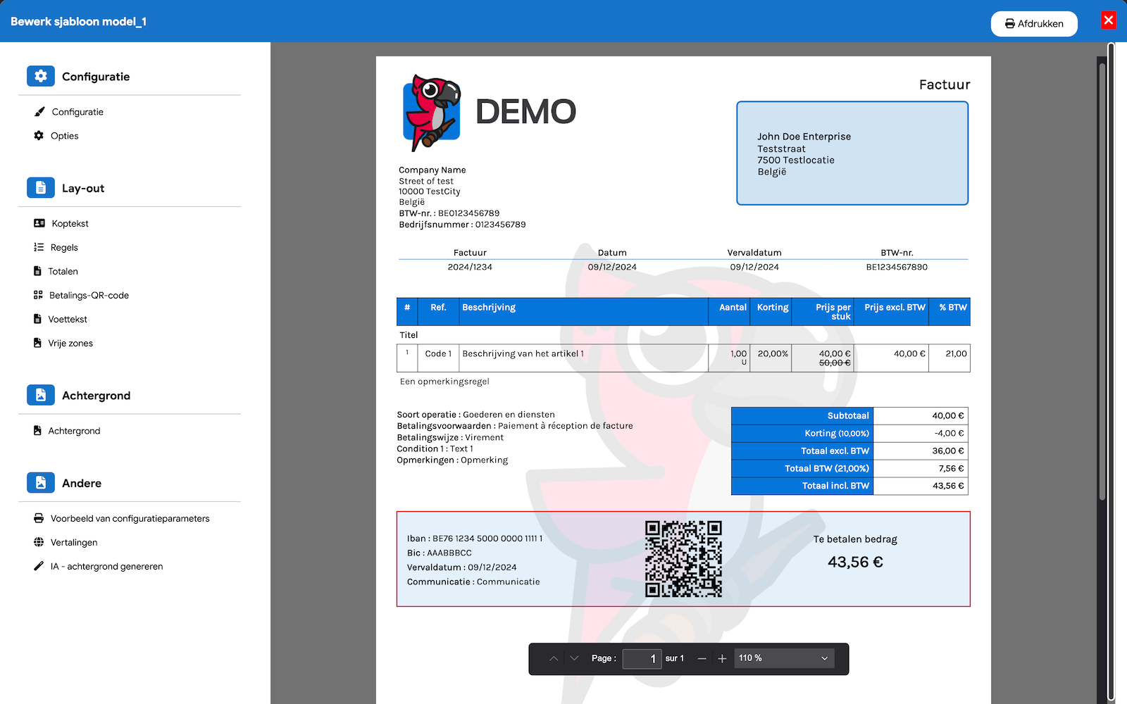 Flexina editor voor aanpasbare offerte- en factuursjablonen met realtime preview