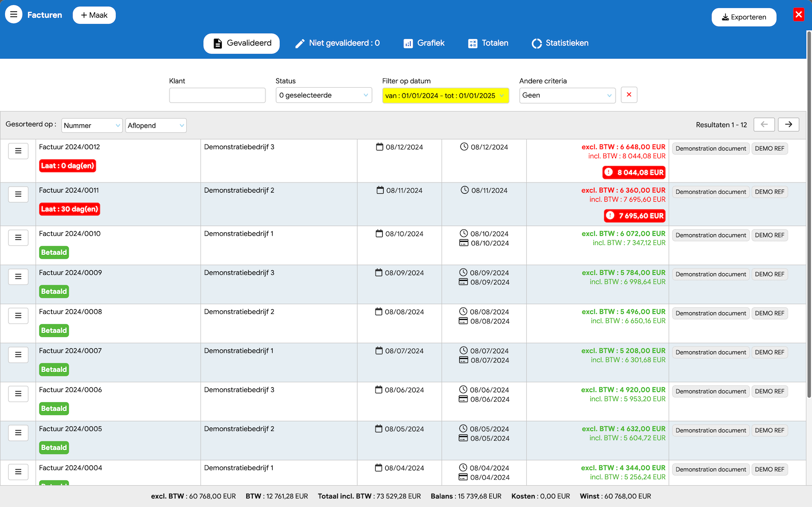 Dashboard voor beheer van onbetaalde facturen en klantbewaking in Flexina software