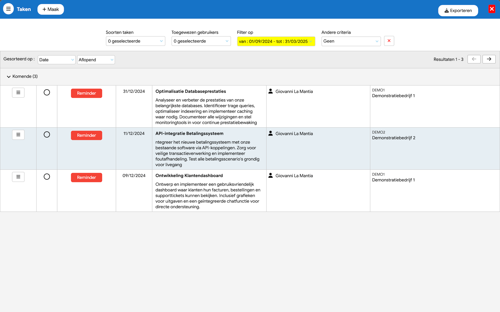 Flexina CRM-interface met geïntegreerd takenbeheer en klantopvolging