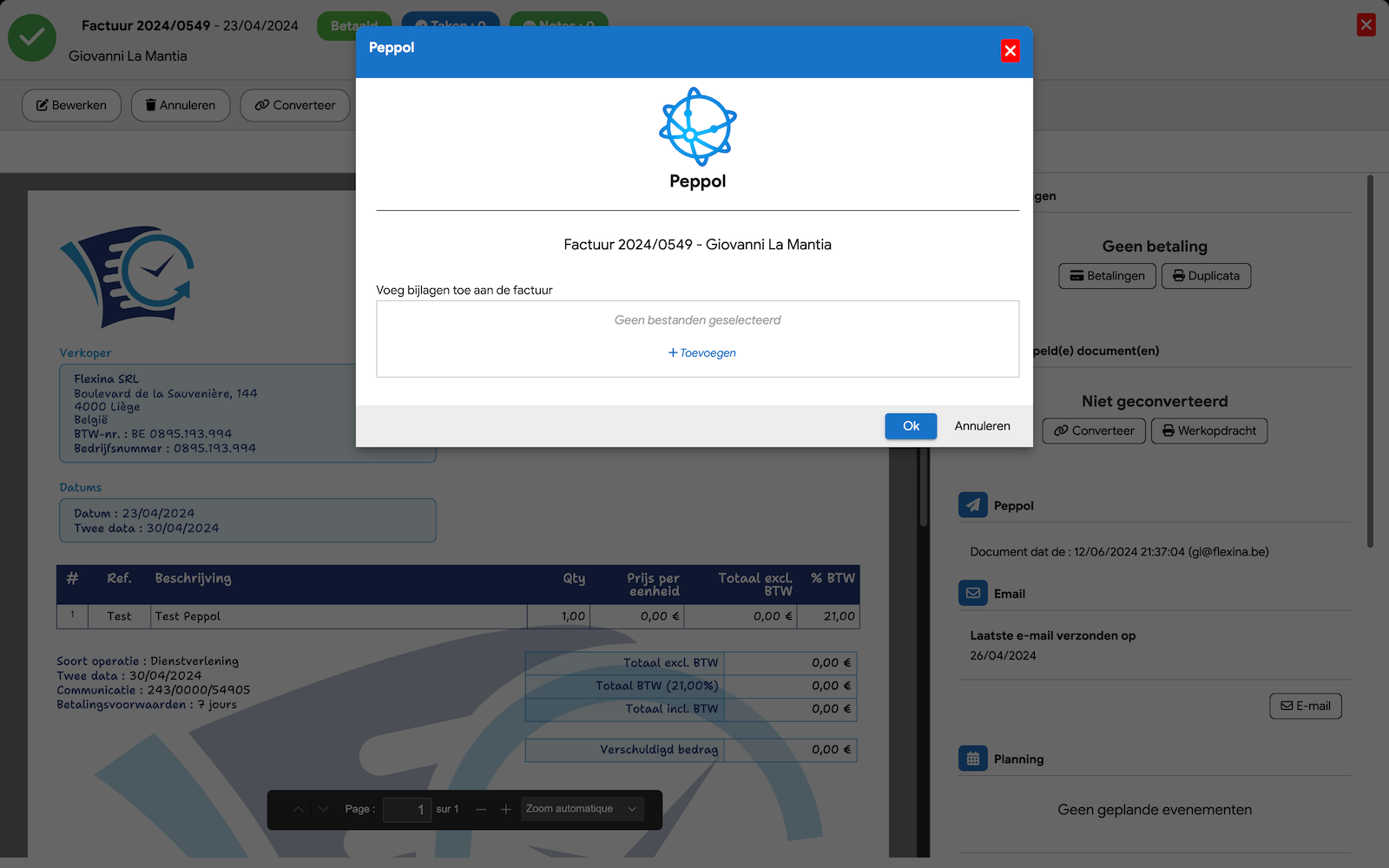 Interface voor verzenden en ontvangen van Peppol elektronische facturen in Flexina