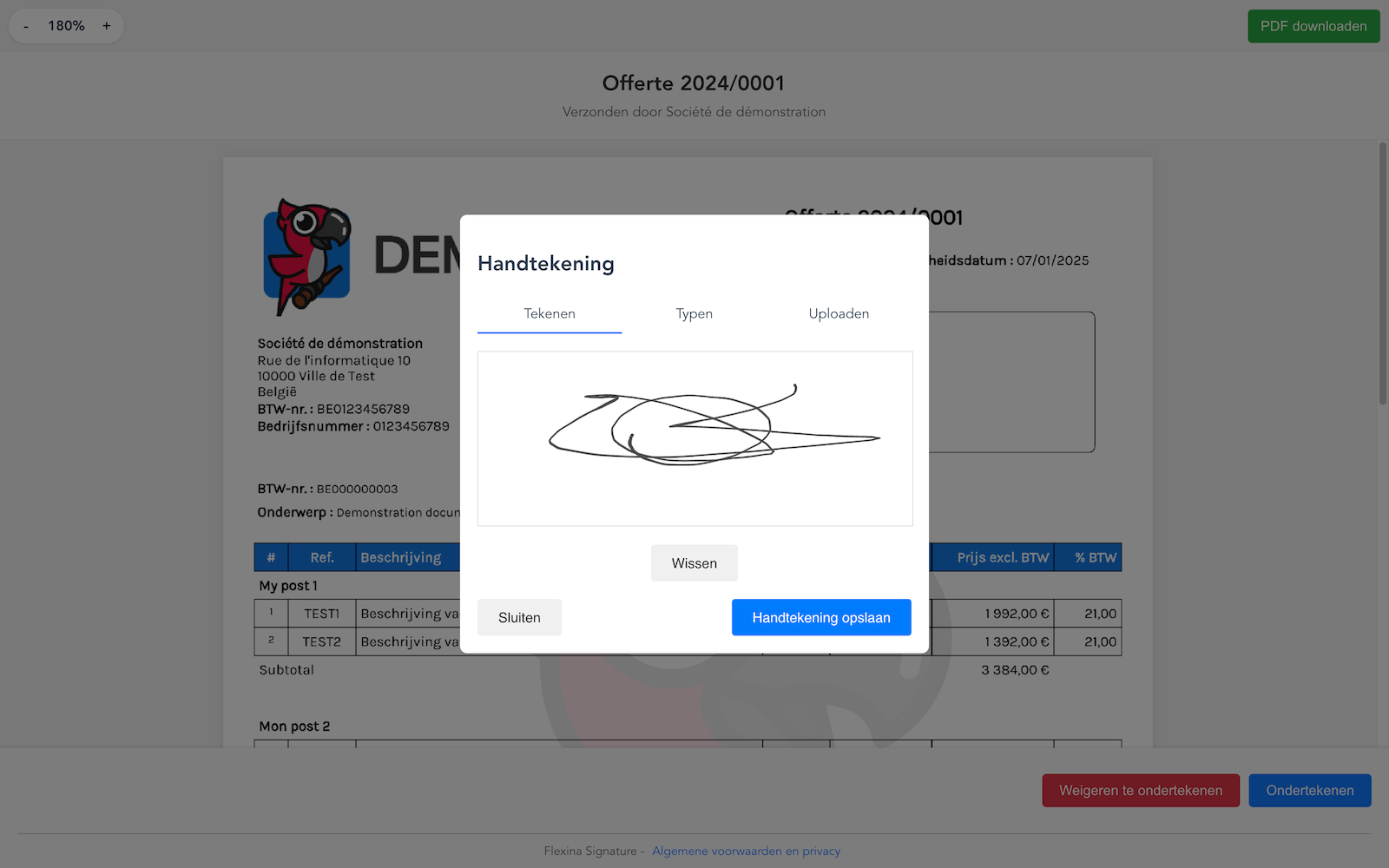 Flexina elektronische handtekeningmodule voor offertes en bestelbonnen met realtime tracking