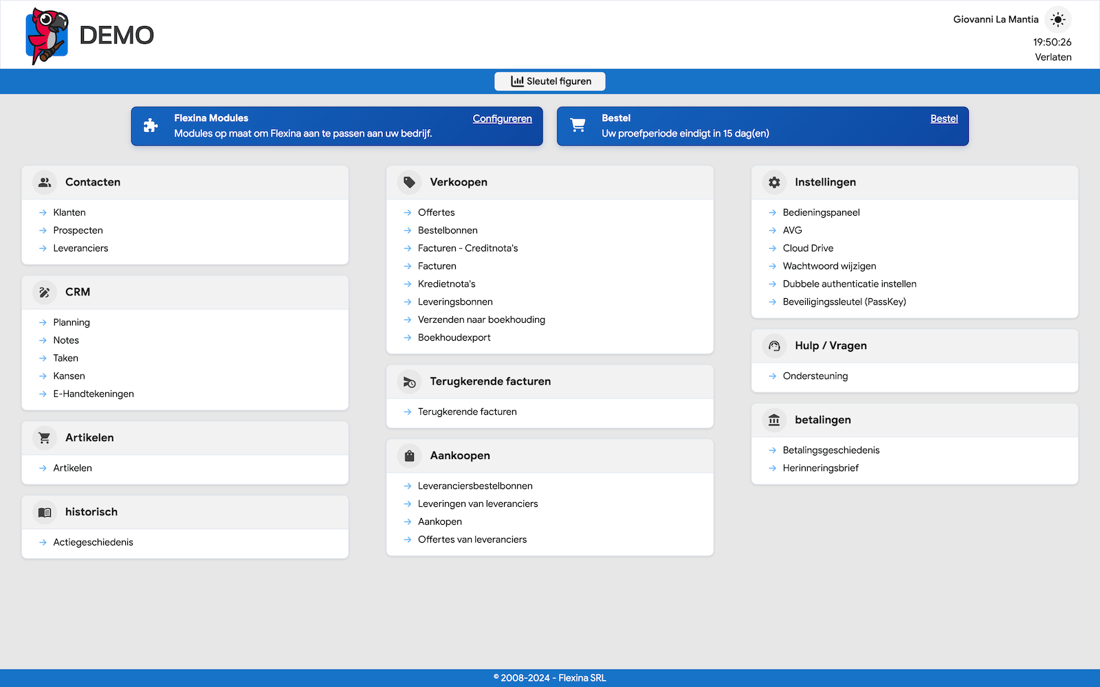 Interface van Flexina online facturatiesoftware voor België met dashboard en navigatiemenu